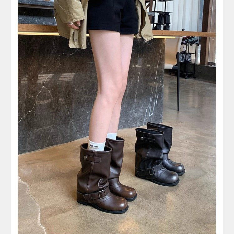 Damen Mid-Calf Bikerstiefel aus Glattleder mit verstellbarem Schnallenriemen Echo Archiv