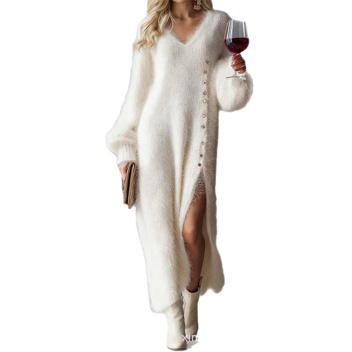 Damen nan flauschiges Maxikleid mit V-Ausschnitt und seitlichem Knopfverschluss Echo Archiv