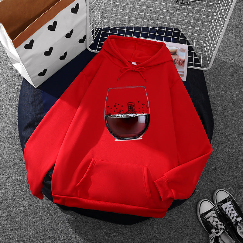 Damen lässiger Kapuzenhoodie mit fotorealistischer Weinglas‑Grafik, Kängurutasche und weichem Fleece – Auréline