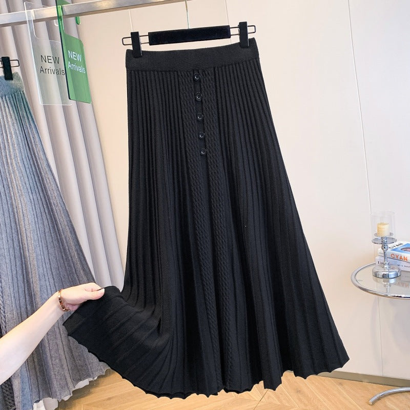 Damen Plissierter Maxirock mit Knopfdetails und feinem Wellenmuster – Valéora