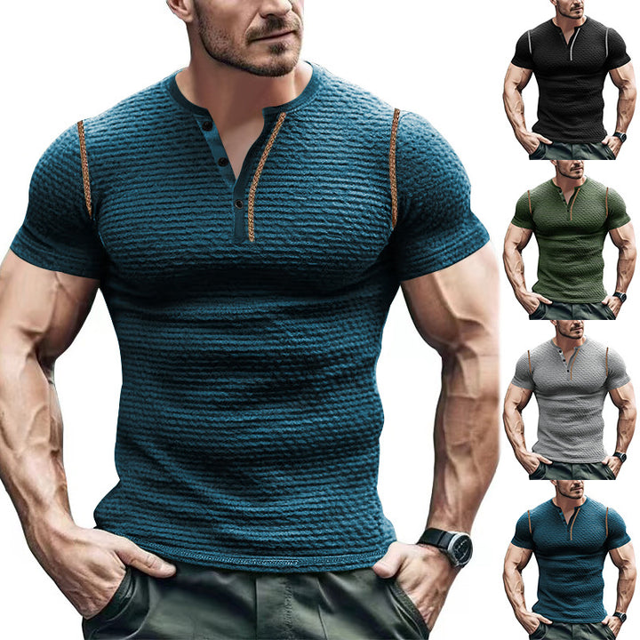 Herren Kurzarm-Henley-T-Shirt mit strukturiertem Design und praktischer Knopfleiste Echoarchiv
