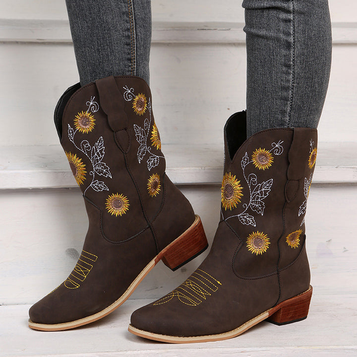 Damen Bestickte Western‑Stiefel mit Sonnenblumenmotiv und mittlerem Blockabsatz Echo Archiv