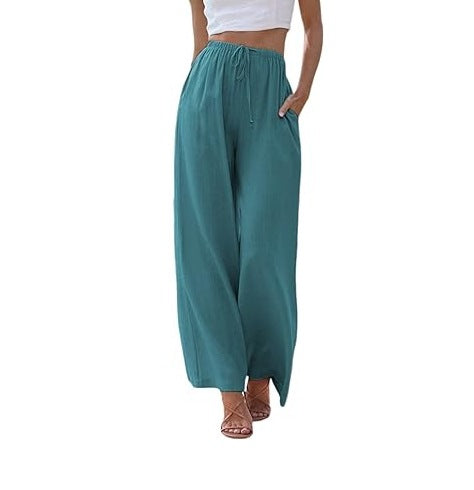 Damen nan weite Leinenhose mit elastischem Bund Kordel und Seitentaschen Echo Archiv