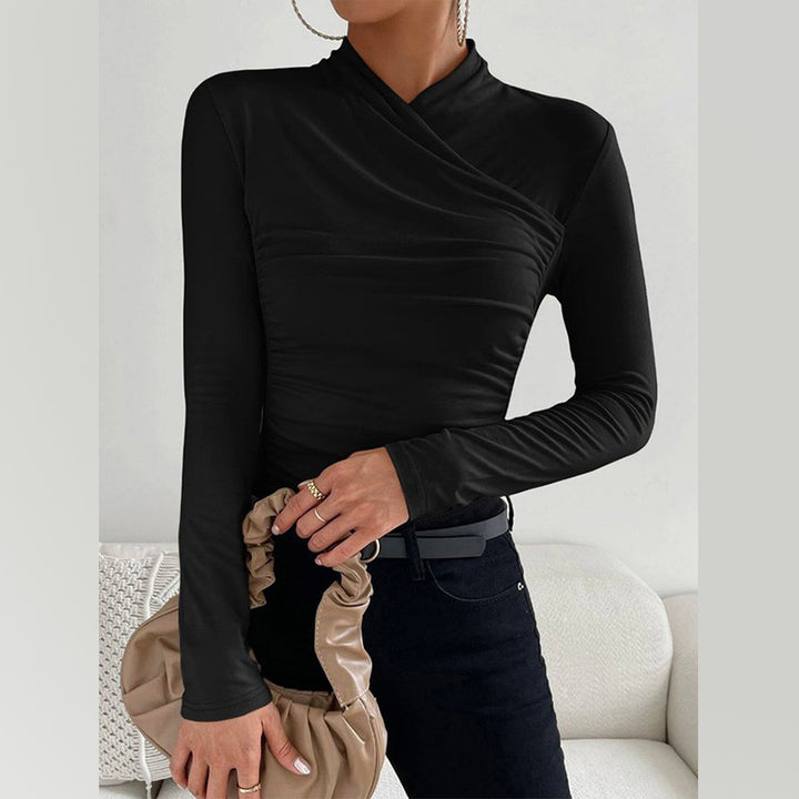 Damen Enganliegendes Langarmshirt mit Wickelkragen und seitlicher Raffung – Avérine