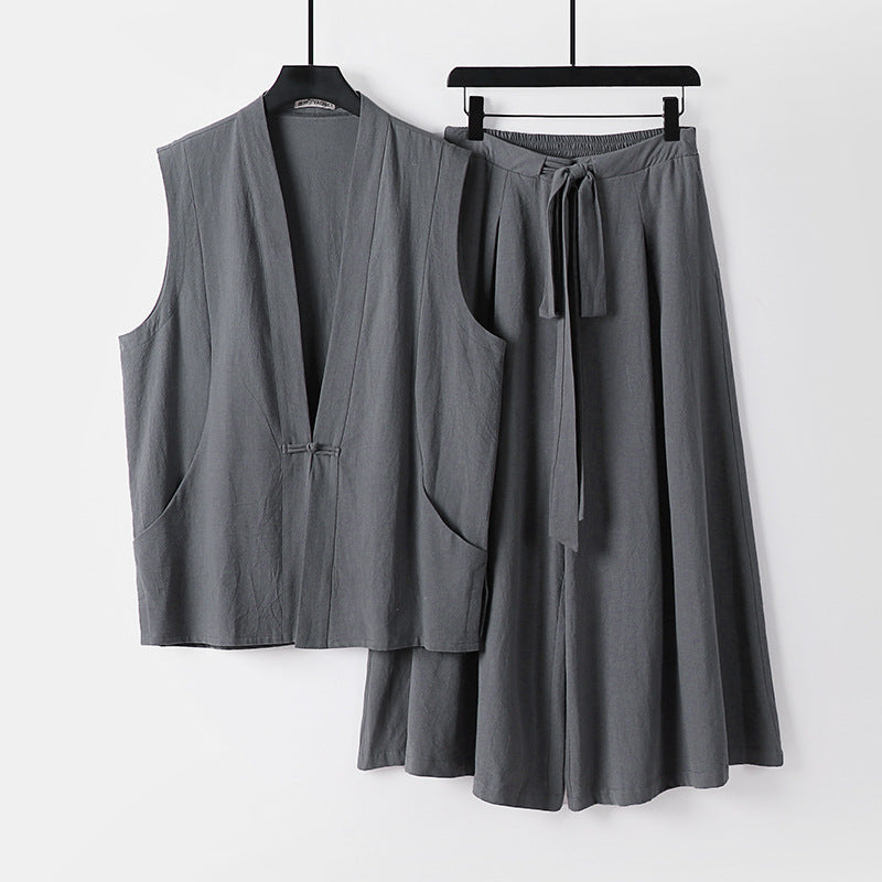 Damen Ärmelloses Kimono-Loungewear-Set aus leichtem Viskose-Leinen mit Bindeweste und weiten Palazzo-Hose Echoarchiv