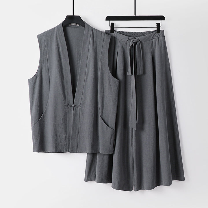 Damen Ärmelloses Kimono-Loungewear-Set aus leichtem Viskose-Leinen mit Bindeweste und weiten Palazzo-Hose Echoarchiv