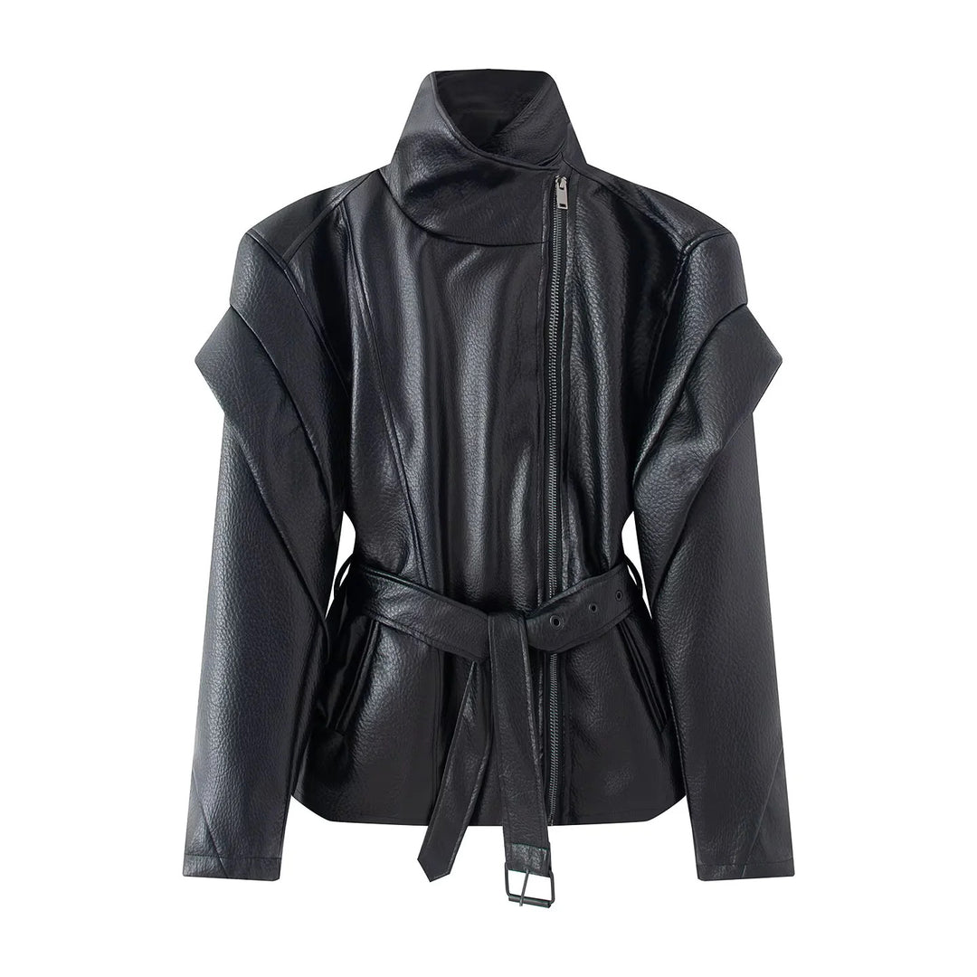 Damen nan taillierte Kunstlederjacke mit asymmetrischem Reißverschluss, hohem Stehkragen und Bindegürtel Echo Archiv