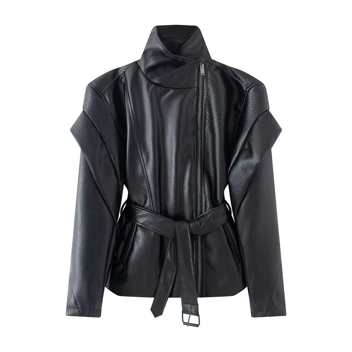 Damen nan taillierte Kunstlederjacke mit asymmetrischem Reißverschluss, hohem Stehkragen und Bindegürtel Echo Archiv