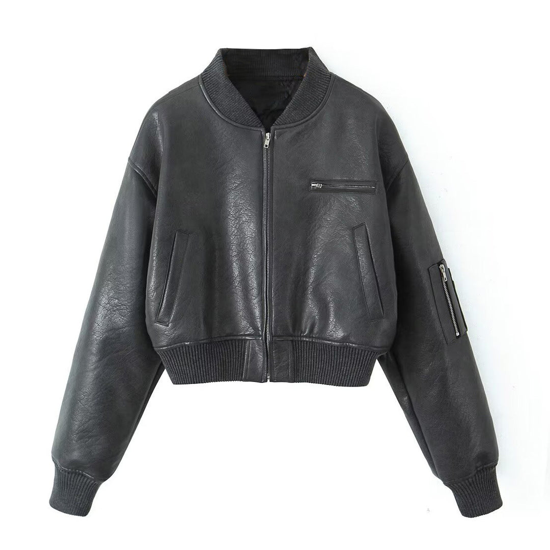 Damen Cropped-Bomberjacke in Vintage-Lederoptik mit Ärmeltasche und breitem Rippbündchen Echo Archiv