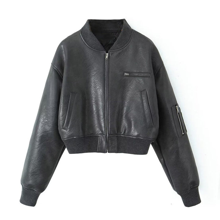 Damen Cropped-Bomberjacke in Vintage-Lederoptik mit Ärmeltasche und breitem Rippbündchen Echo Archiv