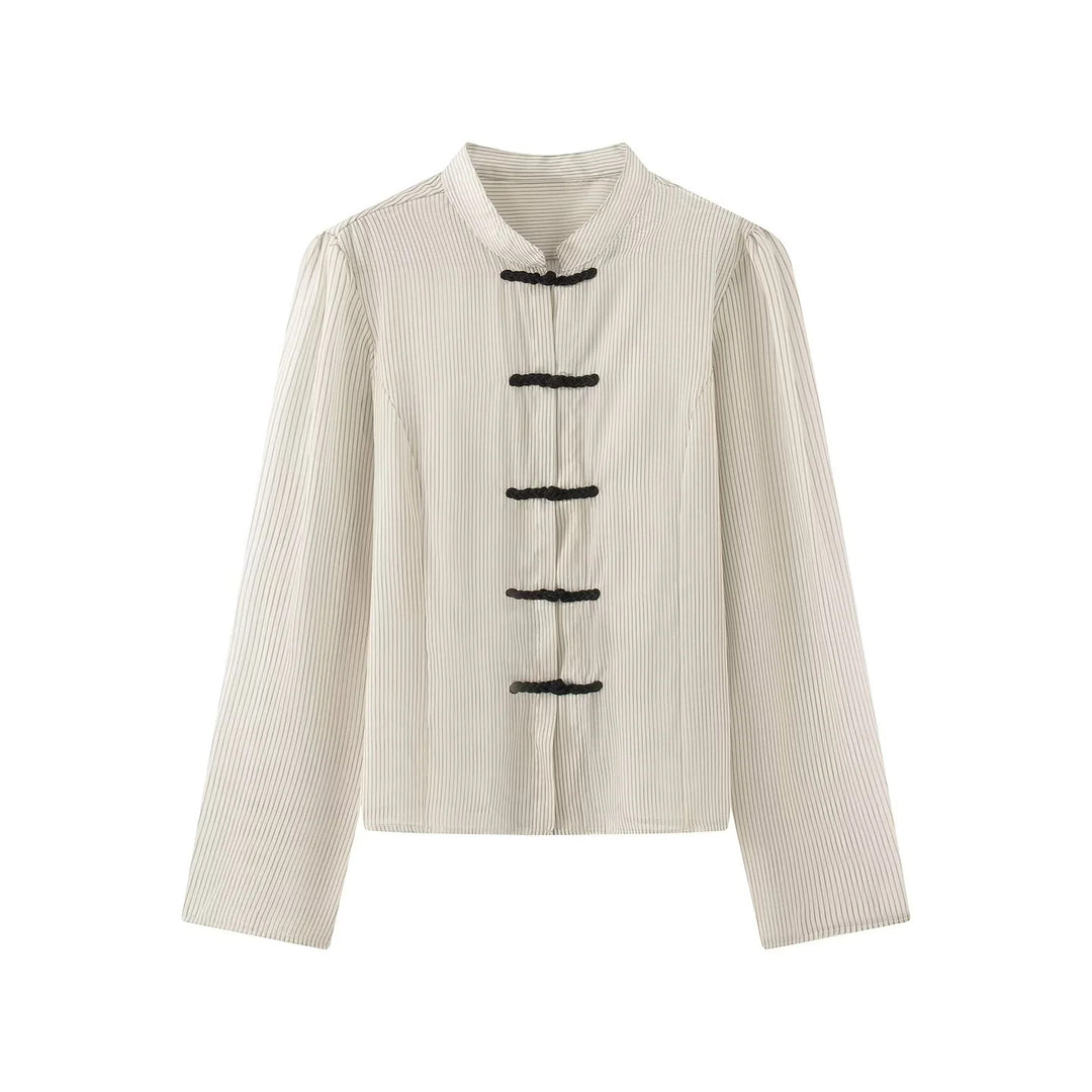 Damen taillierte chinesisch inspirierte Jacke mit Stehkragen und Zierknotenverschlüssen – Célinea