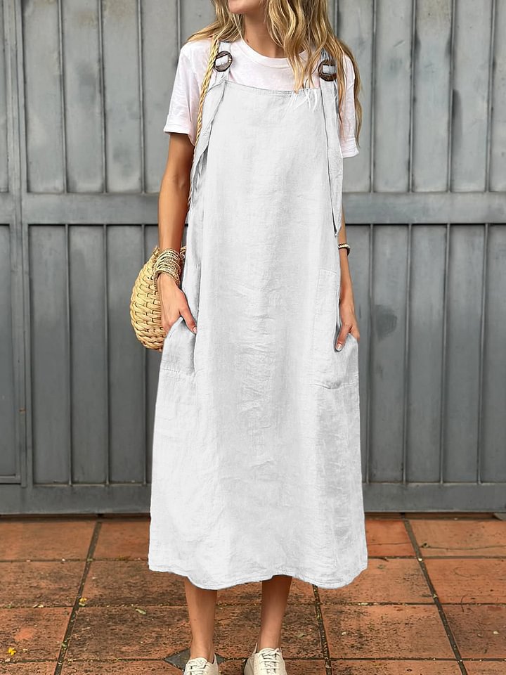 Damen Lässiges Leinen-Latzkleid mit praktischen Seitentaschen und verstellbaren Trägern Echoarchiv