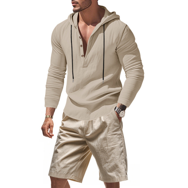 Herren lässiges Kapuzenshirt mit modernem Knopfleisten-Design und bequemen Shorts Echoarchiv