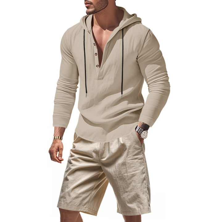 Herren lässiges Kapuzenshirt mit modernem Knopfleisten-Design und bequemen Shorts Echoarchiv