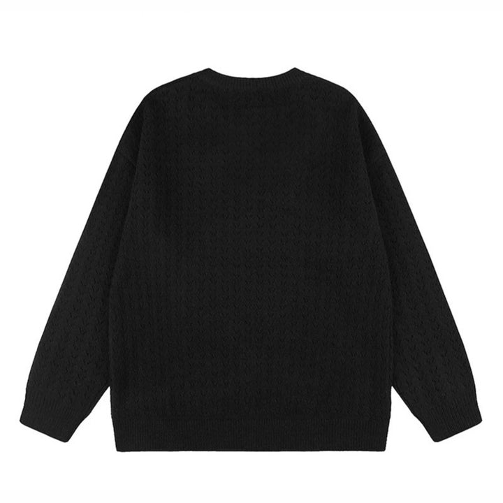 Damen Oversize Strickpullover mit Jacquard-Katzenmotiv und musikalischem Design Echoarchiv