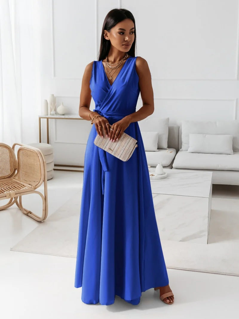 Damen einfarbig V-Ausschnitt Langes Kleid – Valéora