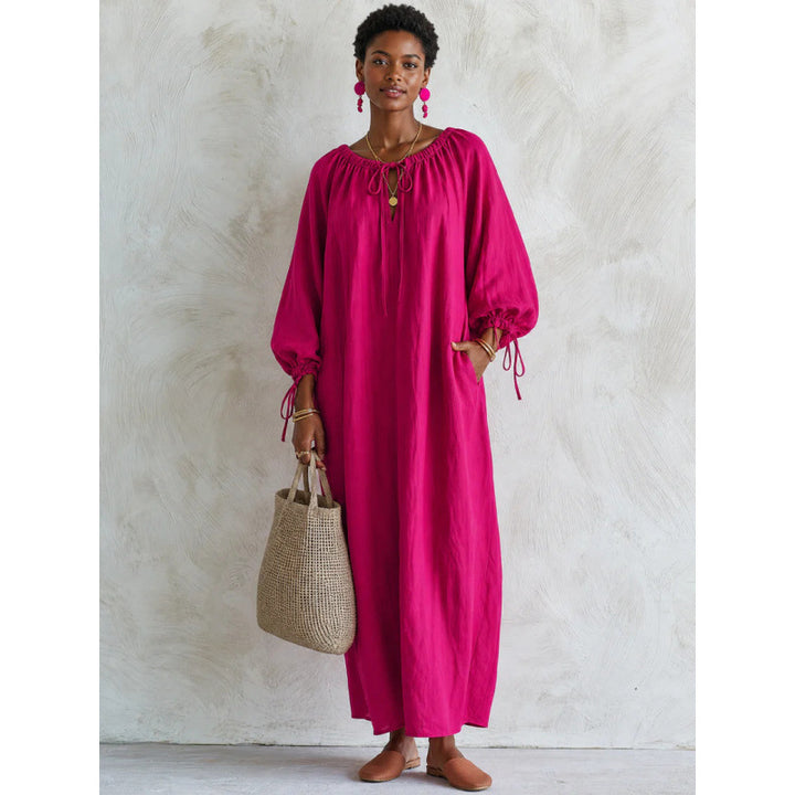 Damen Luftiges Leinenoptik-Maxikleid mit Kordelkragen, Ballonärmeln und Eingrifftaschen – Valéora