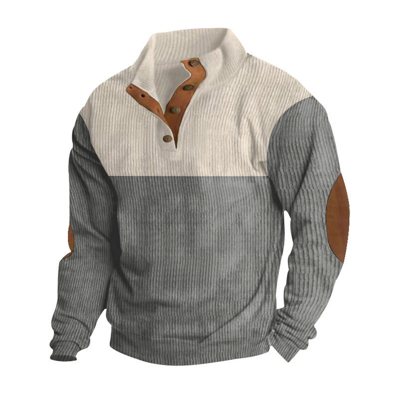 Herren nan gerippter Pullover mit Stehkragen, Knopfleiste und Ellbogen-Patches Echo Archiv