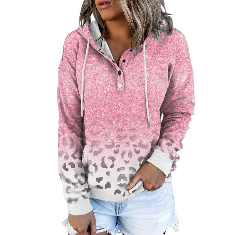 Damen Kapuzenpullover mit Knopfleiste, Ombré-Design und Leo-Print – Avérine