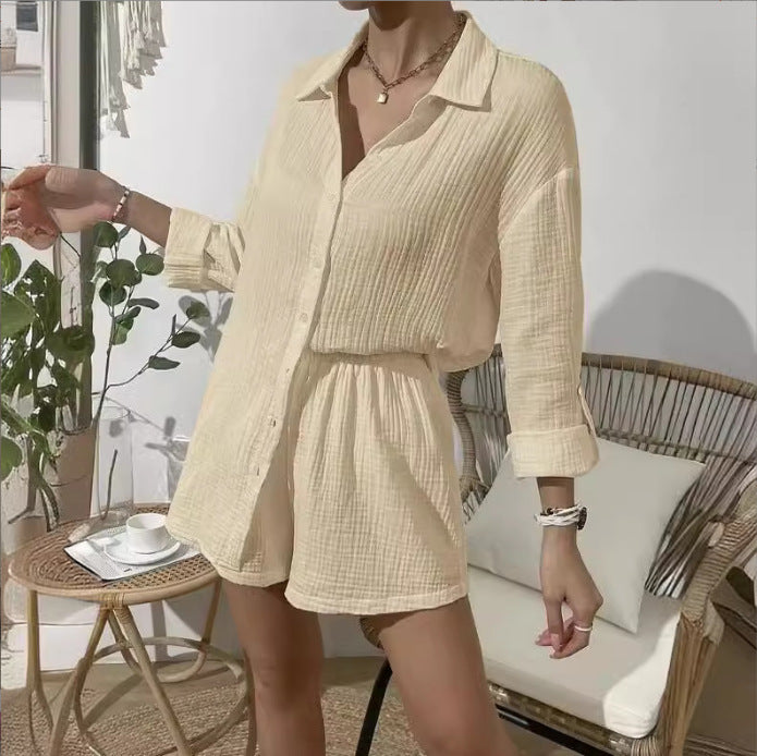 Damen nan luftig-leichter Zweiteiler Lounge-Set aus Baumwoll-Gauze mit Hemdbluse und elastischer Taillen-Shorts Echo Archiv