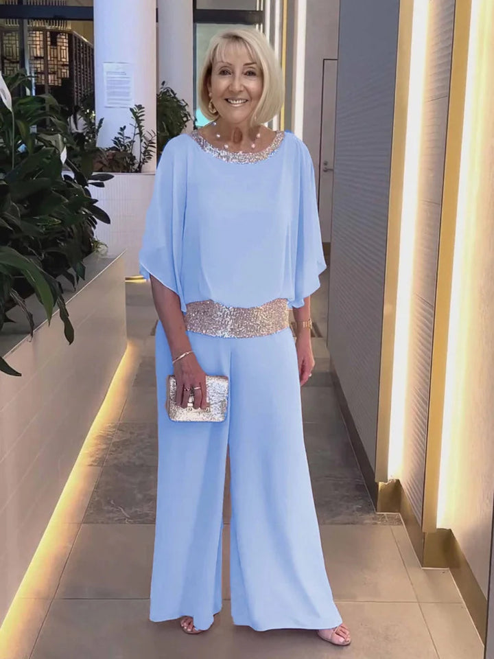 Damen Elegantes Zweiteiliges Abendensemble mit Chiffon-Cape, Paillettenbesatz und Palazzo-Hose Echoarchiv
