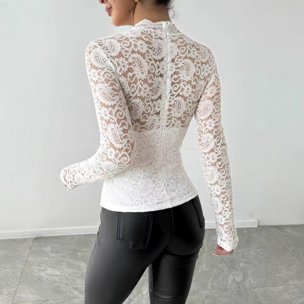 Damen Spitzenshirt mit elegantem hohem Kragen und langem Arm Echoarchiv