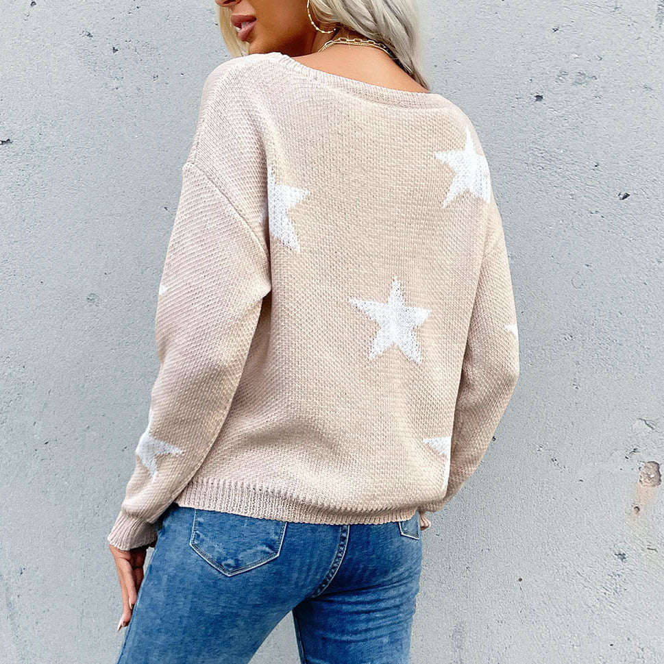 Damen grobgestrickter Sternmotiv-Pullover mit destroyed Saum Echoarchiv