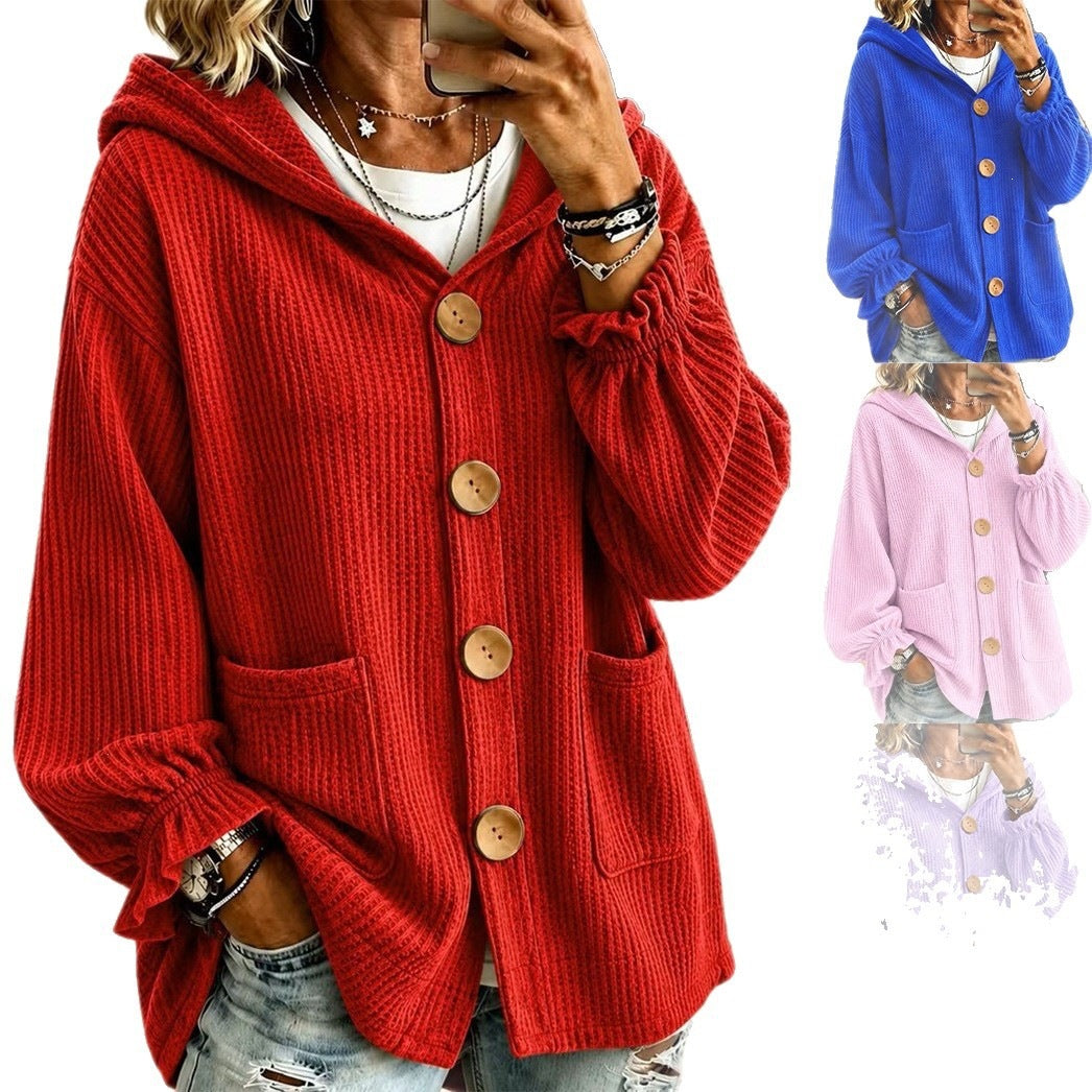 Damen Oversize Kapuzen-Strickjacke mit Waffelstruktur und Holzknöpfen Echo Archiv