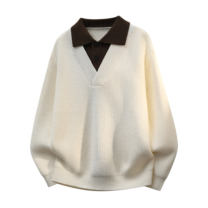 Herren Grobstrick-Pullover mit tiefem V-Ausschnitt und kontrastierendem Polokragen Echoarchiv