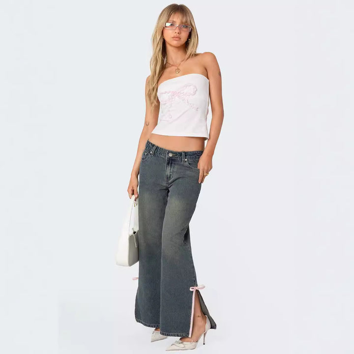 Damen Hohe Taillen Denim-Hose mit modischen Schleifendetails Echo Archiv