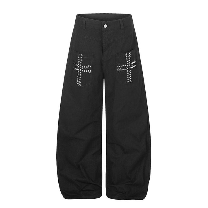 Damen Weite High‑Waist Palazzo‑Hose aus Denim mit aufgesetzten Taschen und Nietenkreuz-Detail Echoarchiv
