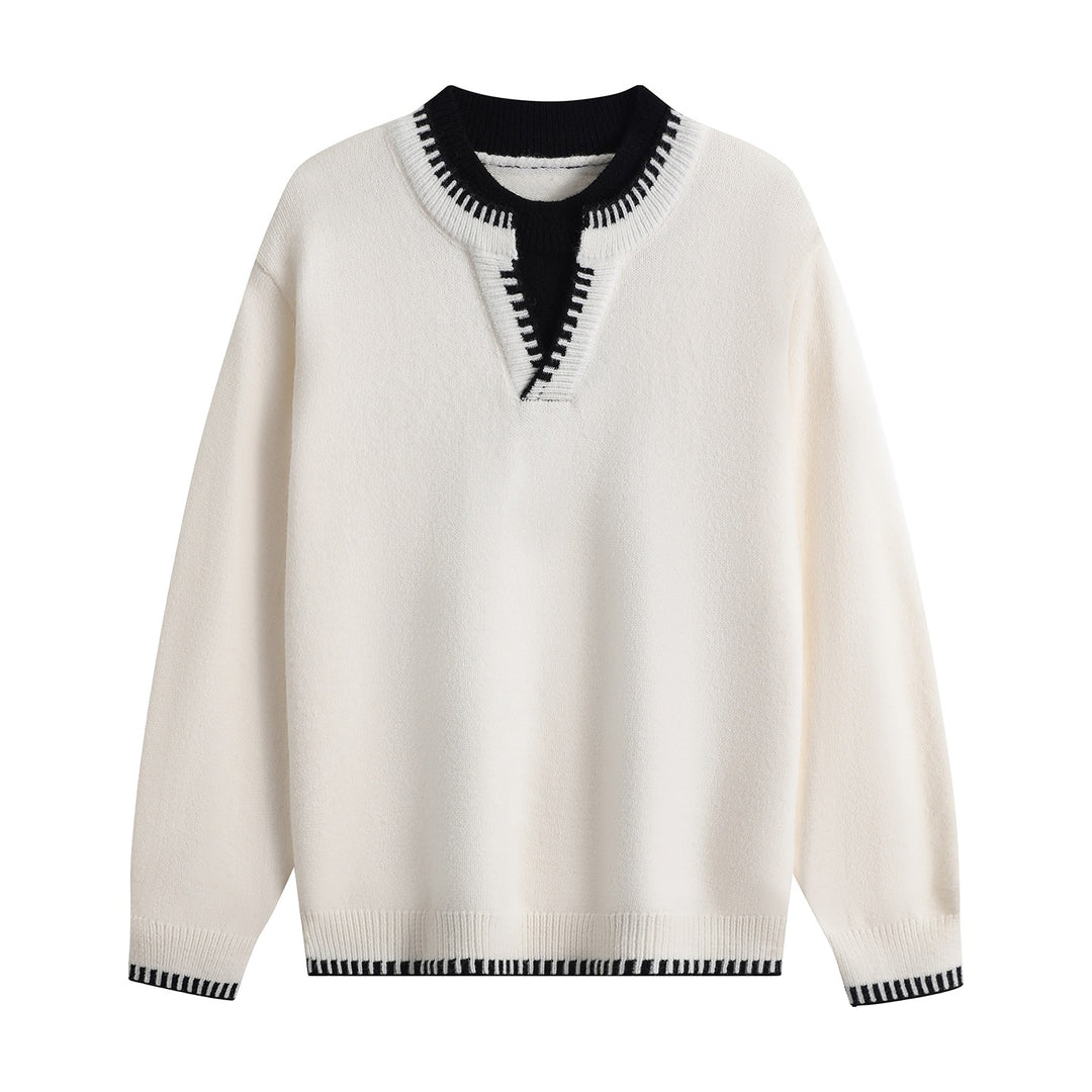 Unisex Oversize-Feinstrickpullover mit V-Notch & kontrastiertem Rippenkragen Echoarchiv
