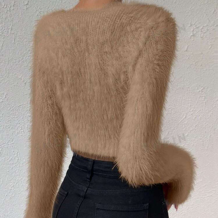 Damen Flauschiger Crop-Pullover mit V-Ausschnitt und Eyelash-Struktur – Mavelle