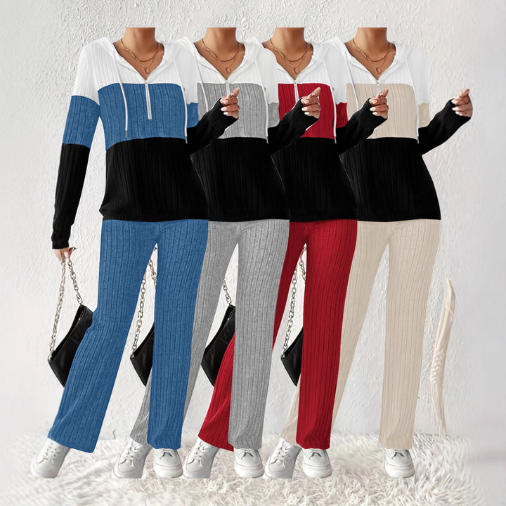 Damen Geripptes Lounge-Set mit Kapuzen-Halfzip und weitem Palazzo-Strickhose – Élanora