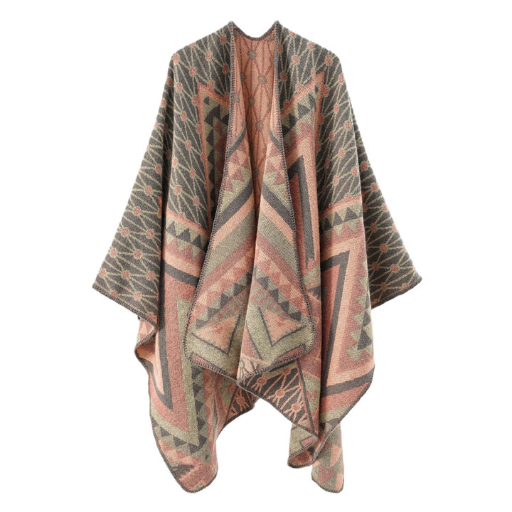 Damen Strukturiertes Jacquard-Poncho-Überwurf mit grafischem Ethno-Muster und offenem Kimono-Fall – Célinea
