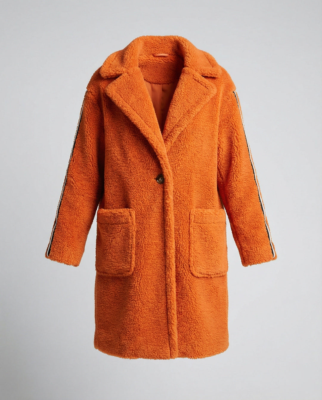 Damen eleganter Teddy-Mantel mit zwei Taschen und sportlichen Streifen Echoarchiv