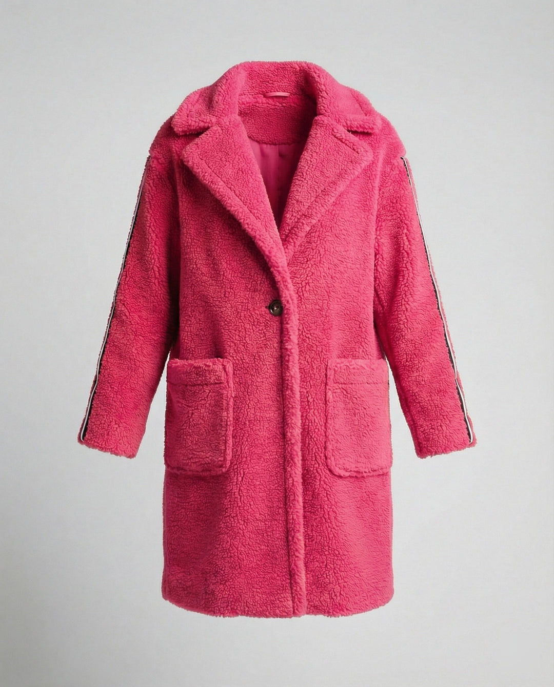 Damen eleganter Teddy-Mantel mit zwei Taschen und sportlichen Streifen Echoarchiv