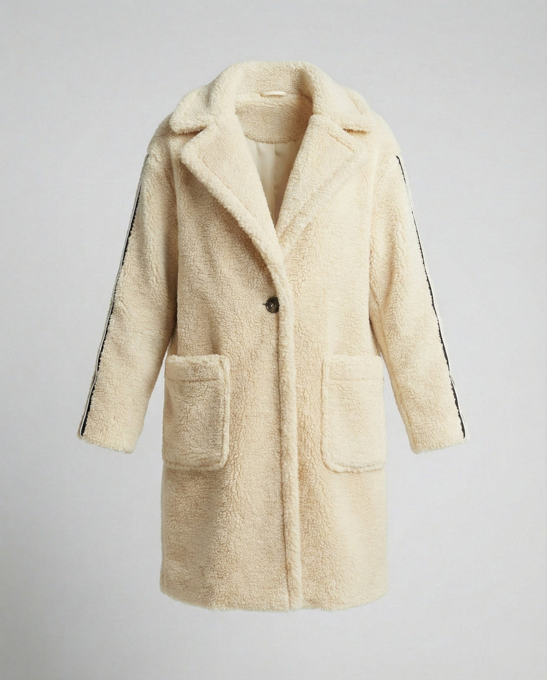 Damen eleganter Teddy-Mantel mit zwei Taschen und sportlichen Streifen Echoarchiv