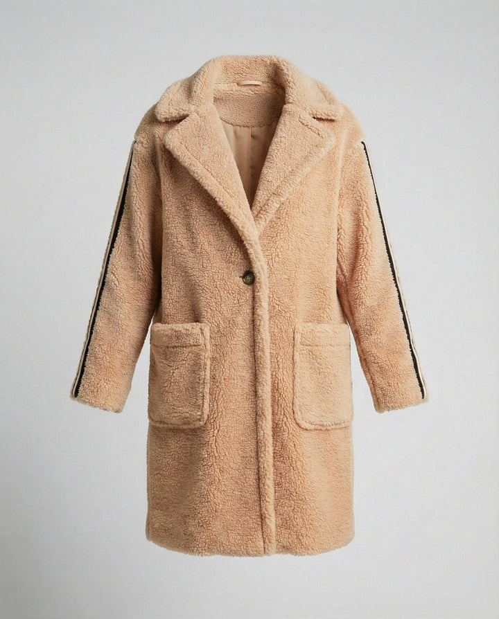 Damen eleganter Teddy-Mantel mit zwei Taschen und sportlichen Streifen Echoarchiv