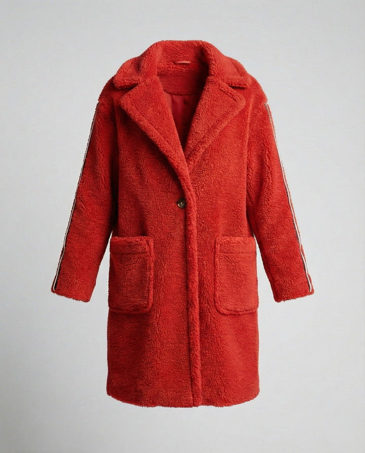 Damen eleganter Teddy-Mantel mit zwei Taschen und sportlichen Streifen Echoarchiv