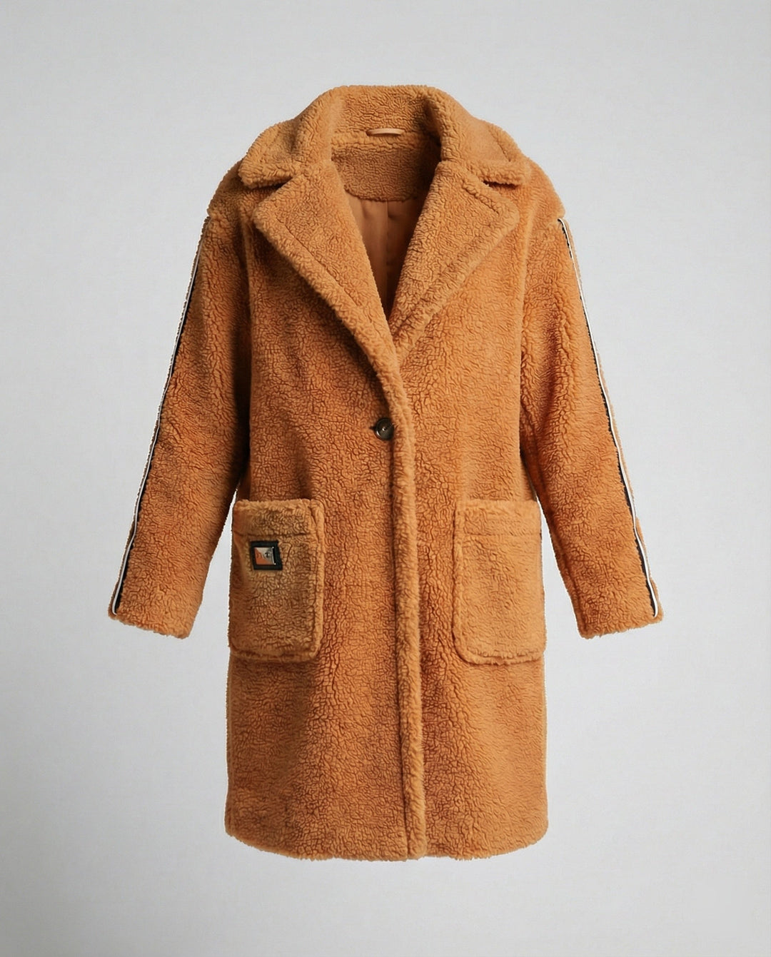 Damen eleganter Teddy-Mantel mit zwei Taschen und sportlichen Streifen Echoarchiv