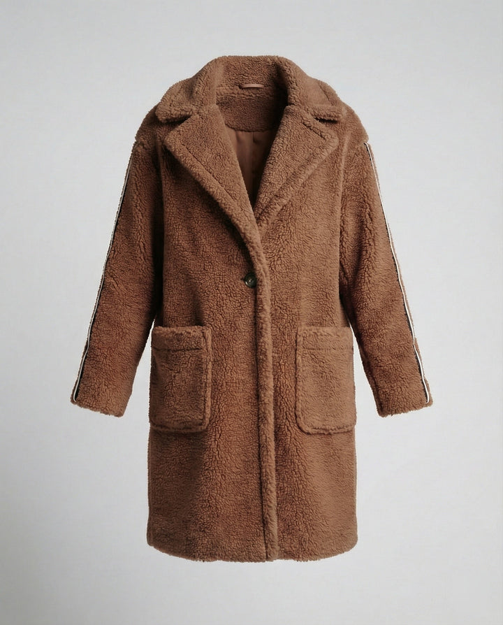 Damen eleganter Teddy-Mantel mit zwei Taschen und sportlichen Streifen Echoarchiv