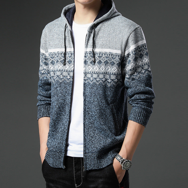 Herren gemusterte Strickjacke mit Kapuze und komfortablem Schnitt Echoarchiv