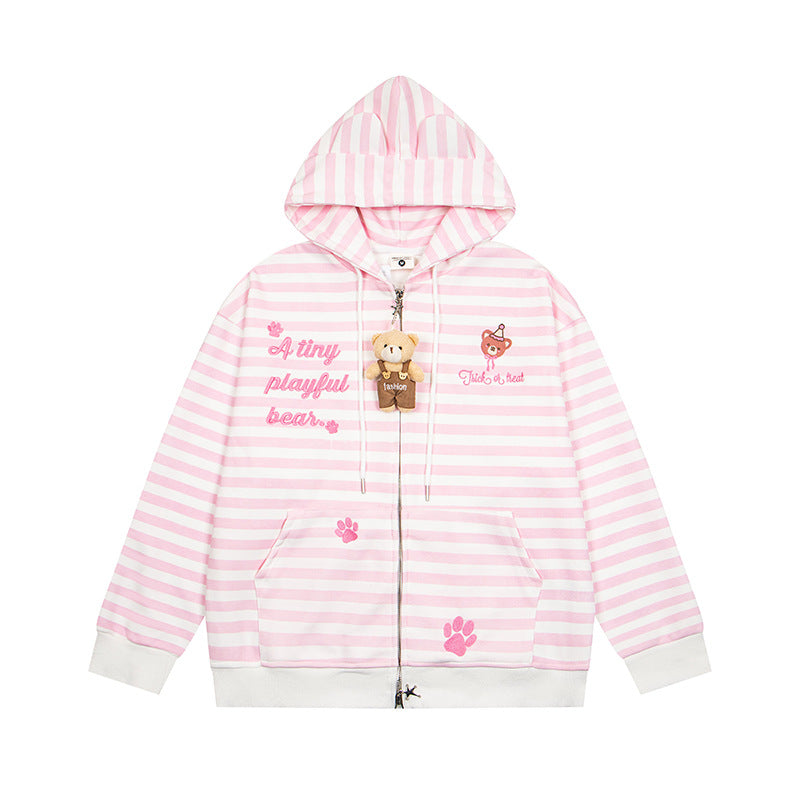 Damen Gestreifte Kapuzen-Sweatjacke mit Teddy-Anhänger, Ohren-Kapuze und Stickdetail Echoarchiv