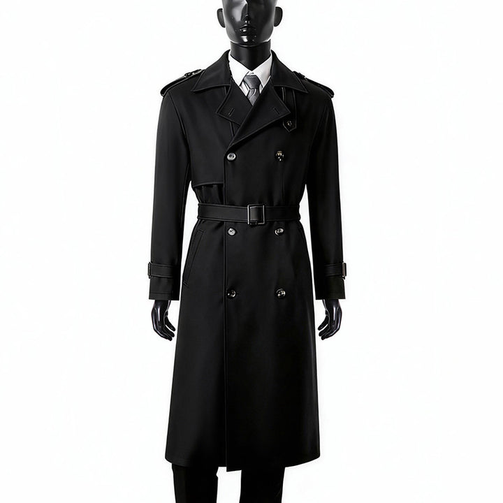 Herren Zeitloser Doppelreihiger Trenchcoat mit Taillengürtel, Schulterklappen und Manschettenriemen Echoarchiv