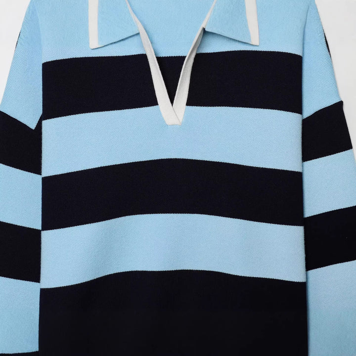 Damen Gestreifter Rugby-Pullover mit Polokragen und V-Ausschnitt Echoarchiv