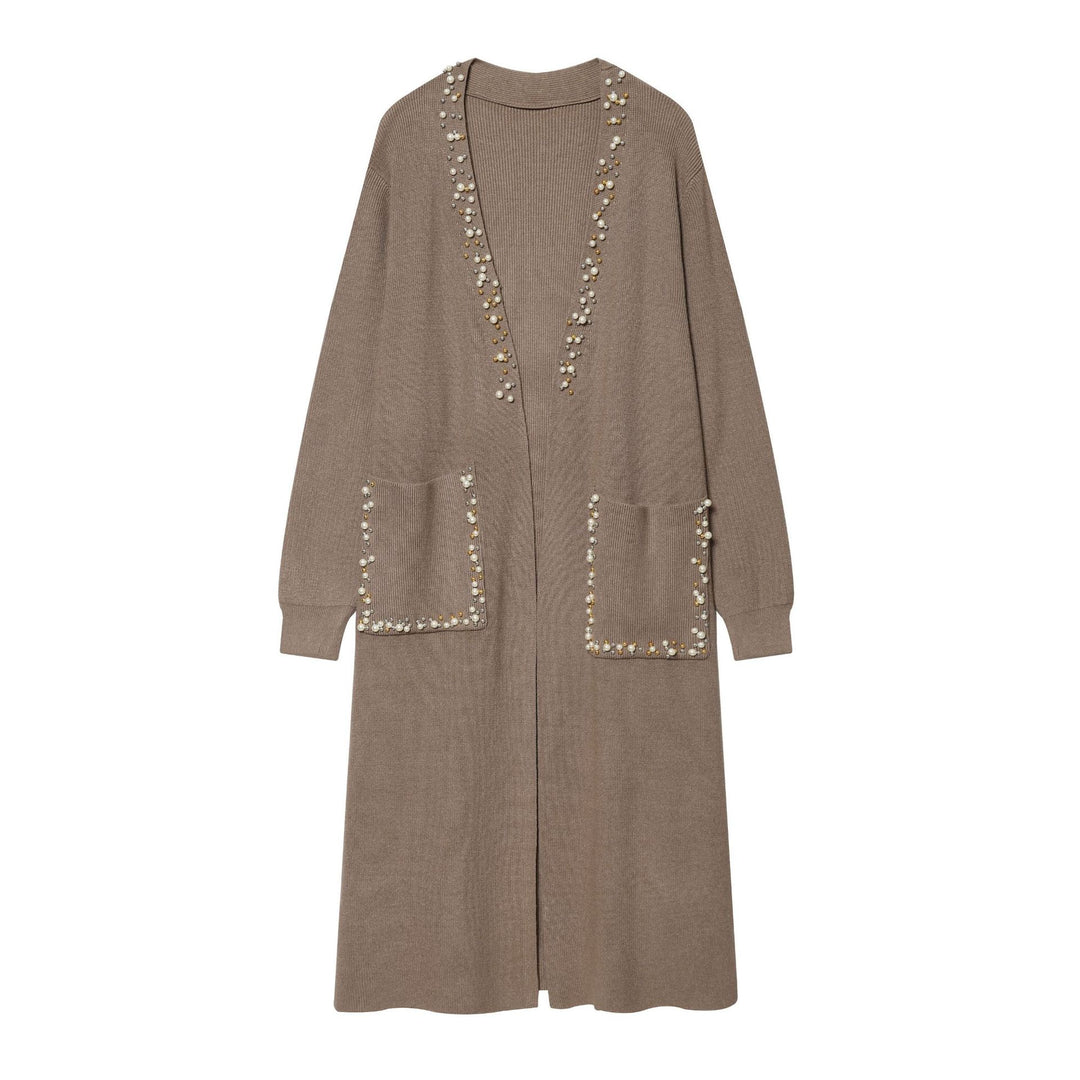 Damen langer Strickcardigan mit Perlenbesatz und aufgesetzten Taschen Echo Archiv