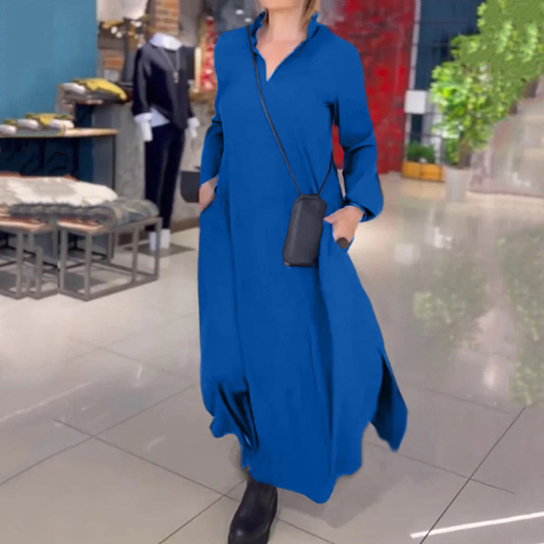 Damen nan fließendes Maxikleid mit V-Ausschnitt, kastiger A-Linie und langen Ärmeln Echo Archiv