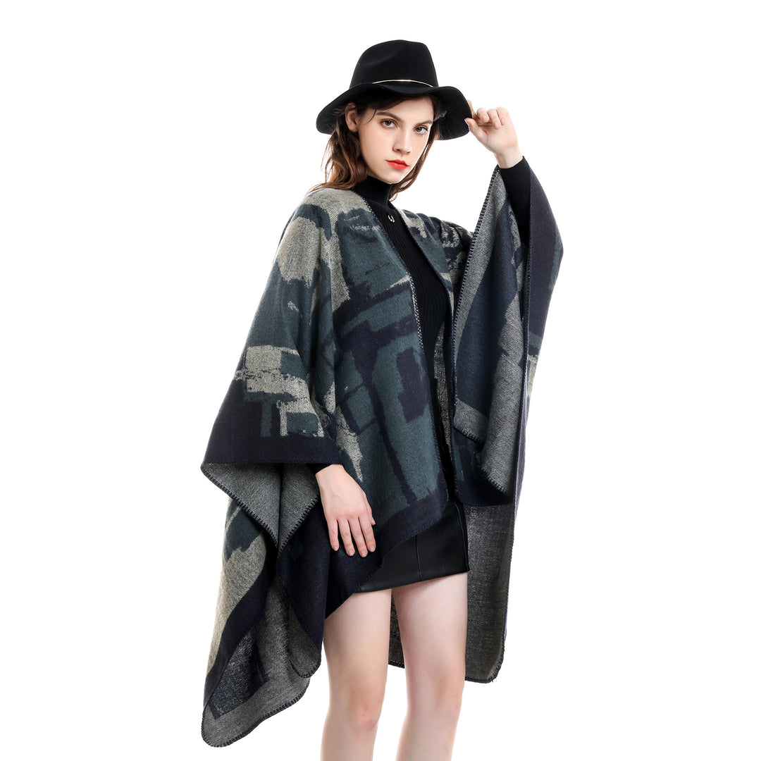 Damen Oversize-Umhangruana aus Wollmix mit abstraktem Jacquard und Zierstichkante – Célinea