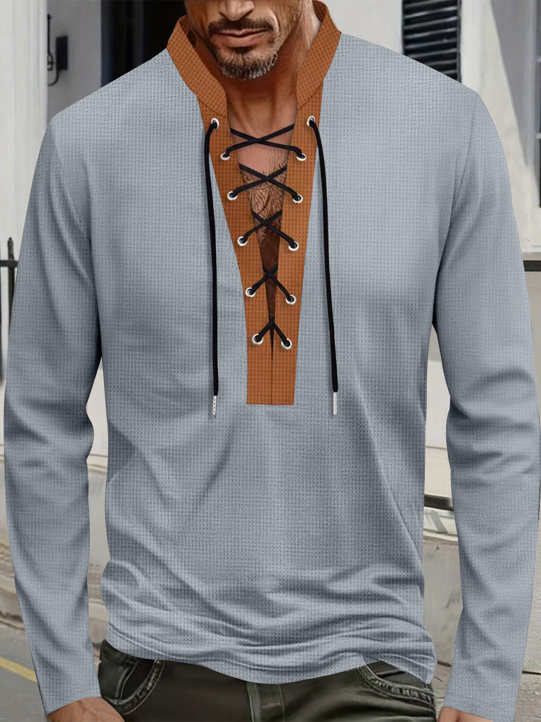Herren modisches Langarmshirt mit einzigartigem Schnürdesign und ansprechendem Kragen Echoarchiv